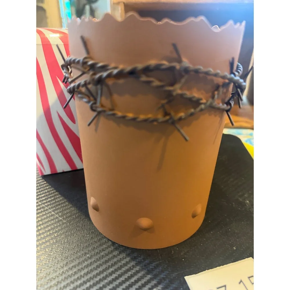 Pink Zebra Rustic Western Barbed Wire Metal Candle Sleeve Terracotta Brown